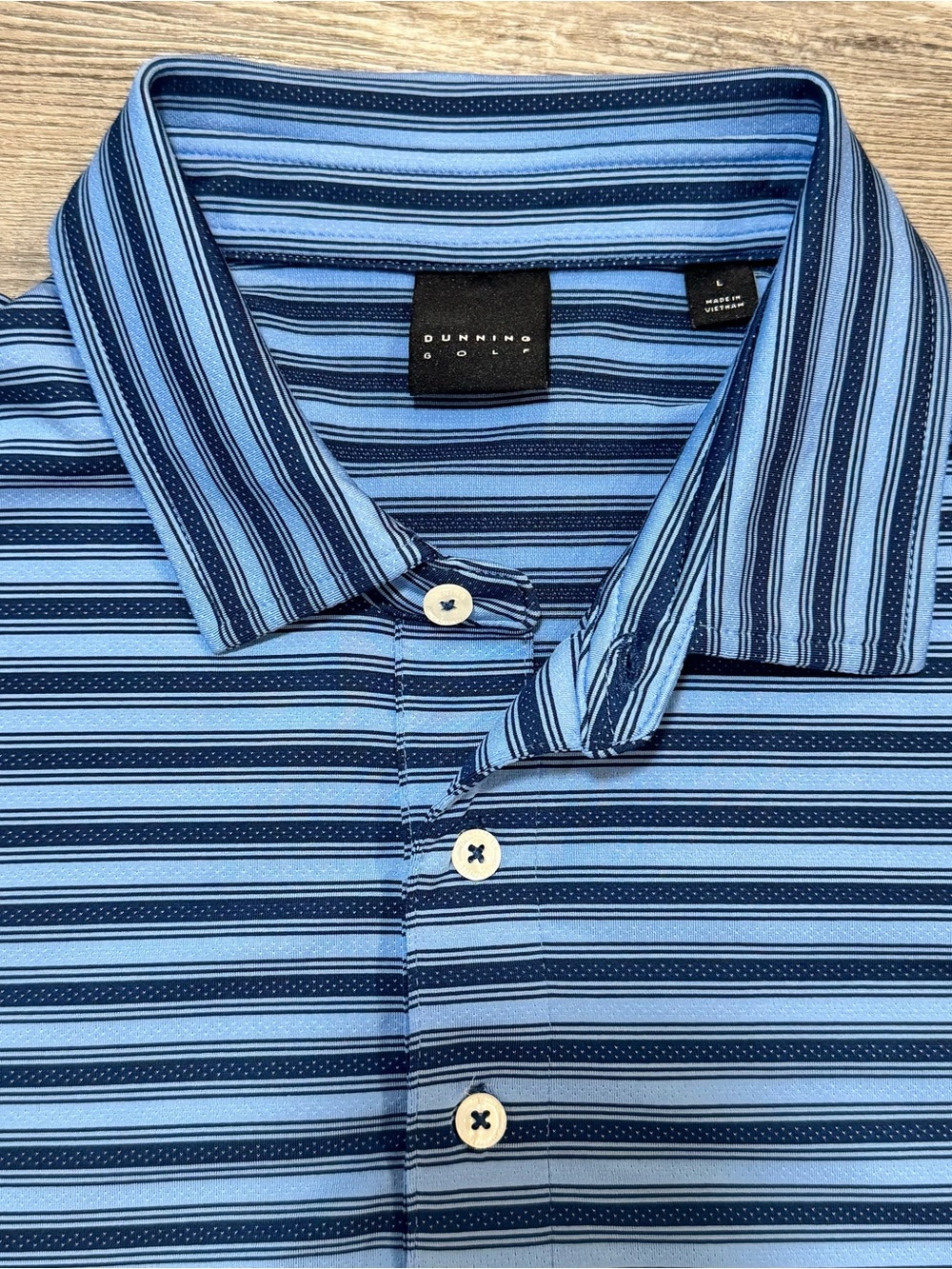 Dunning Golf Polo Shirt Mens Large Blue Striped Performance Stretch Short Sleeve